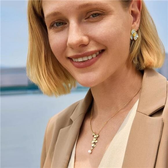 18K Gold Plated Flower Pendant Necklace | CZ Orchid Design with Shell Pearl - Picture 4 of 5